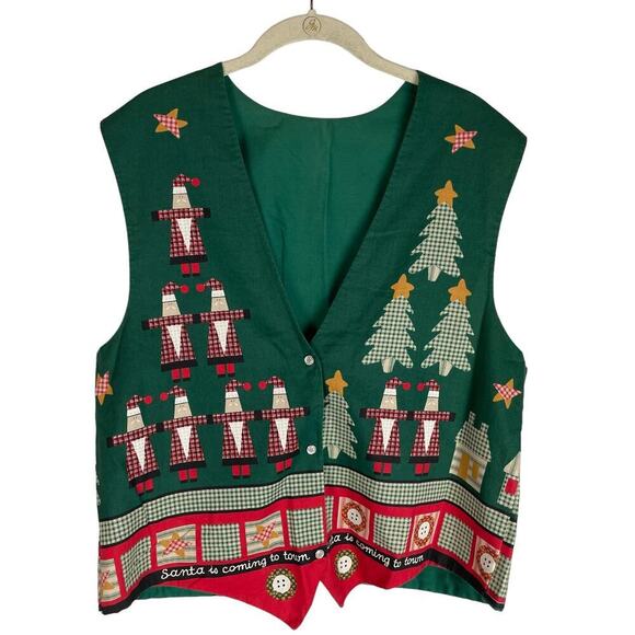 Vintage Handmade Christmas snap front vest Santa Claus Christmas Tree - Picture 1 of 5